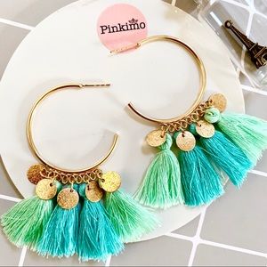 Mint Blue Fringe Tassel Hoop Earrings